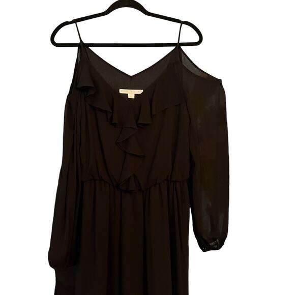 Boston Proper Black Dress Cold Shoulder Sheer Ruffle Front Gathered Waist Sz. 8 - Picture 5 of 12